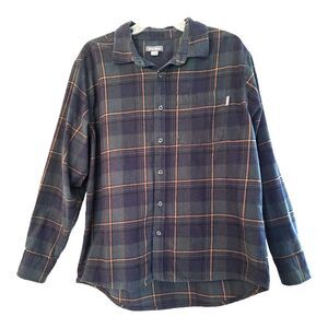 Eddie Bauer Flannel Shirt Men XL Blue Green Gold Tartan Plaid Hiking Outdoor EUC